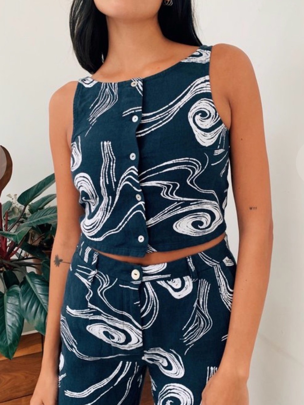 PALOMA WOOL- Sleeveless Navy Blue Swirl Print Crop Top